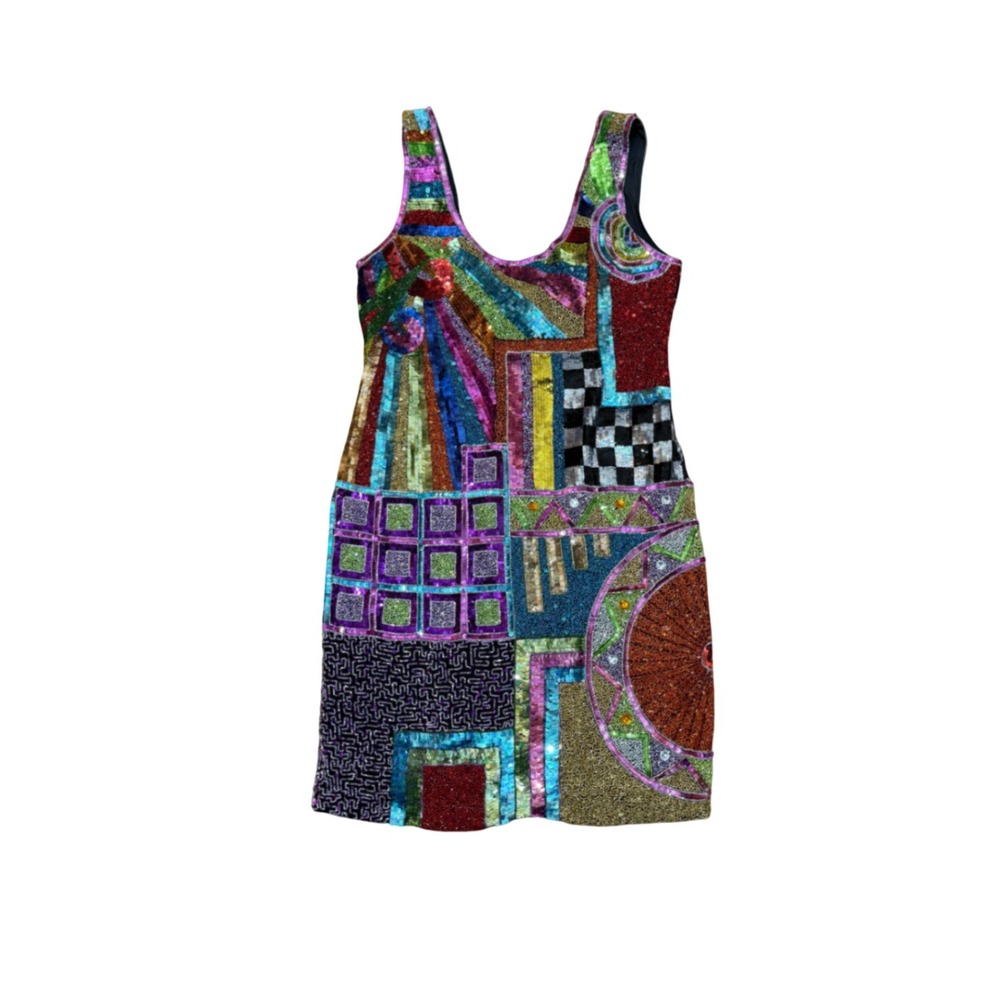 VTG Ella Singh Beaded Sequin Mini Dress Abstract Geometric Patchwork Multi S Art